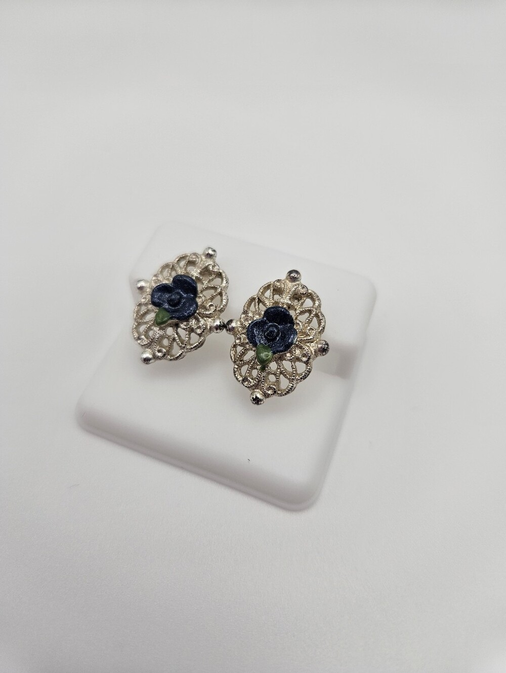 Silver Filigree Blue Flower Stud Earrings